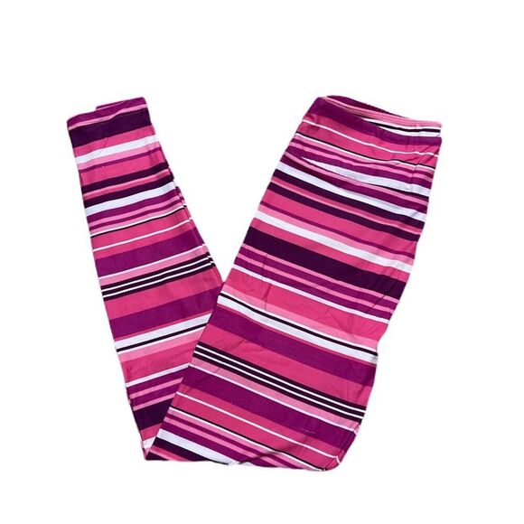 LuLaRoe Pink Striped BCA Leggings Breast Cancer Comfort Comfy Purple White - Picture 1 of 2